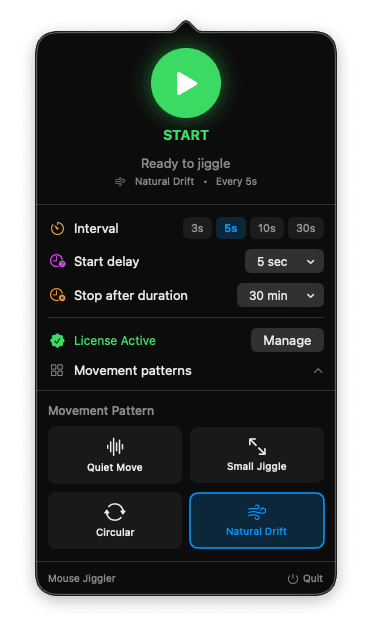 Mouse Jiggler App Interface showing the main control panel with start/stop button for keeping your computer awake