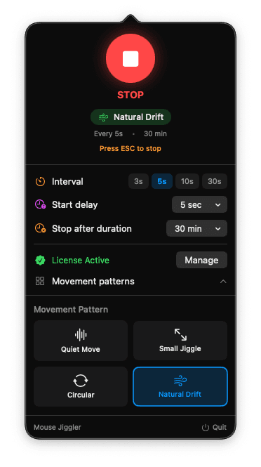 Mouse Jiggler App Settings panel showing configurable cursor movement options